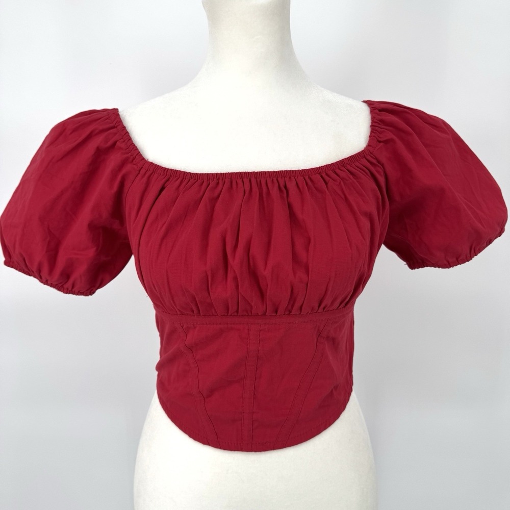 Red Milkmaid Crop Top S Regency Boho Cottage Renaissance Festival Peasant Cotton